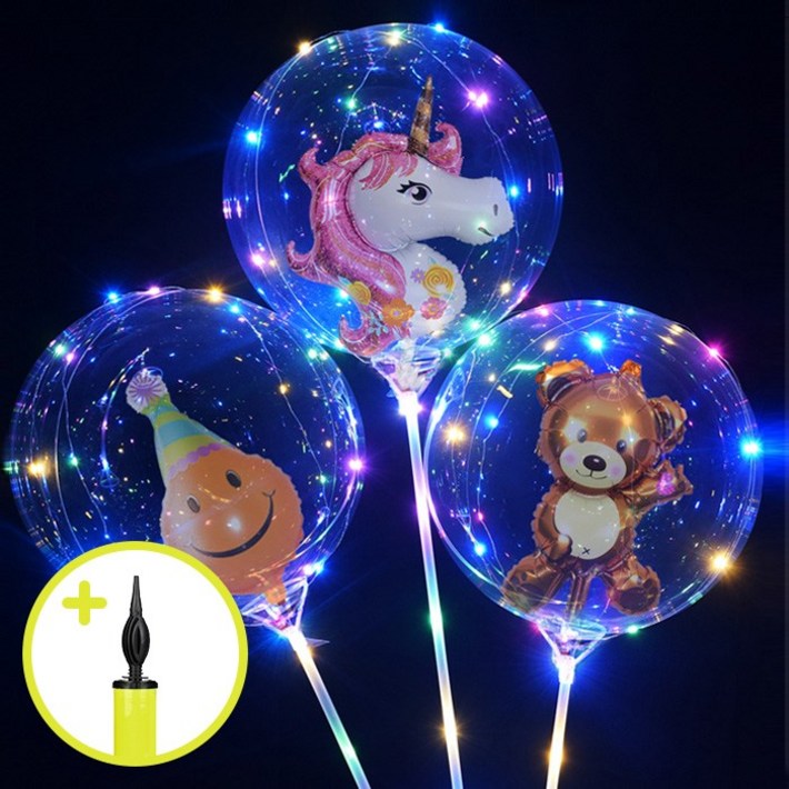 3개 세트 LED 캐릭터 풍선 만들기 에어펌프 포함 빛나는 엘이디 라이트 투명 파티 벌룬 생일 이벤트 용품 전구 버블 야광 홈파티 축제 프로포즈