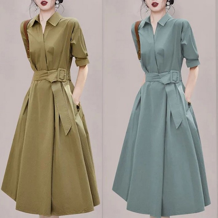 여름 신상 프렌치 부드러운 정장 셔츠원시츠 허리 벨트 조임 a라인 미디기장 반팔 하객룩원피스 오피스룩 원피스 3xl까지