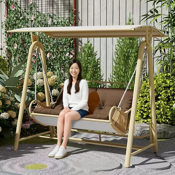 보들쿠션 야외 그네의자 정원그네 2인용 스윙 흔들의자 실내 정원 해먹, 1세트, 밤색1