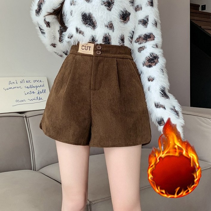 여성용 가을 겨울 와이드 팬츠 밴딩 기모 코듀로이 반바지