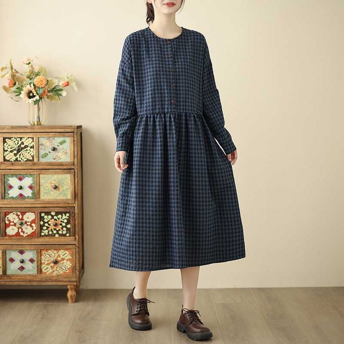 스타일닥터 여성 긴팔 체크 원피스 봄 가을 가벼운 데일리 빈티지 롱원피스