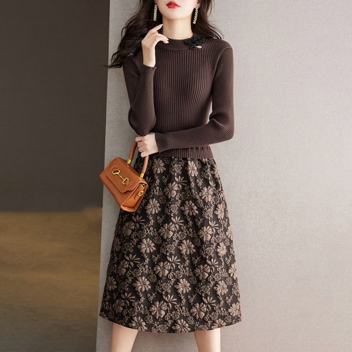 지고다그 여성 가을겨울 니트 원피스 플라워 A라인 패치워크 슬림핏 데일리 디자인 원피스 LJM3169