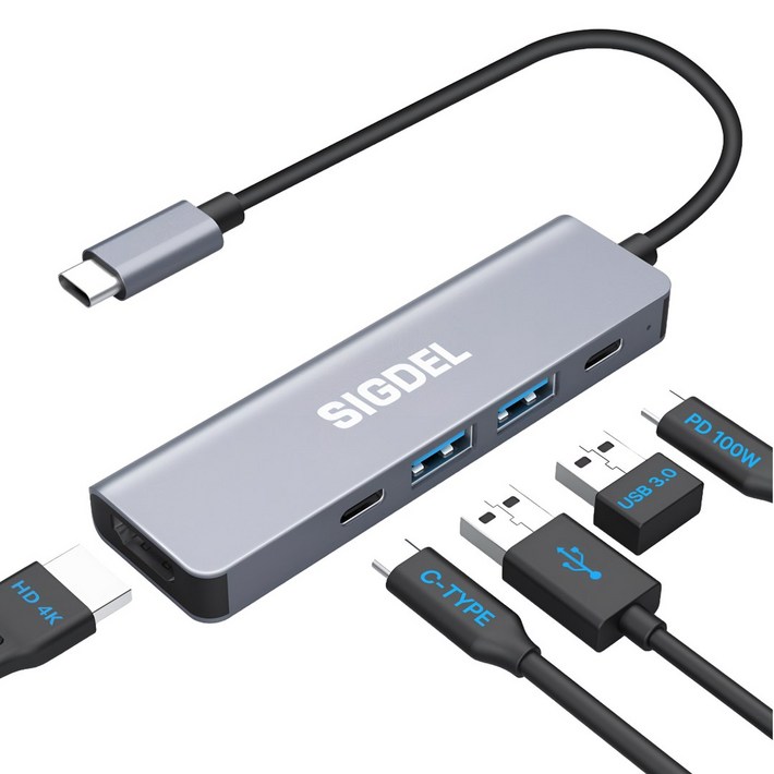 시그델 5in1 USB 3.0 C타입 겸용 멀티 허브 5포트 USB2 C타입2 4K HDMI PD100W 젠더 C to USB 노트북 컴퓨터 모니터 확장 포트 UH07, 1개, 메탈실버