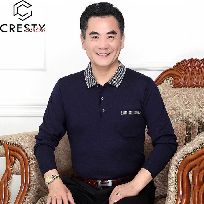 크레스티 아빠 일상 캐주얼 티셔츠 중년 남성 긴팔 카라티