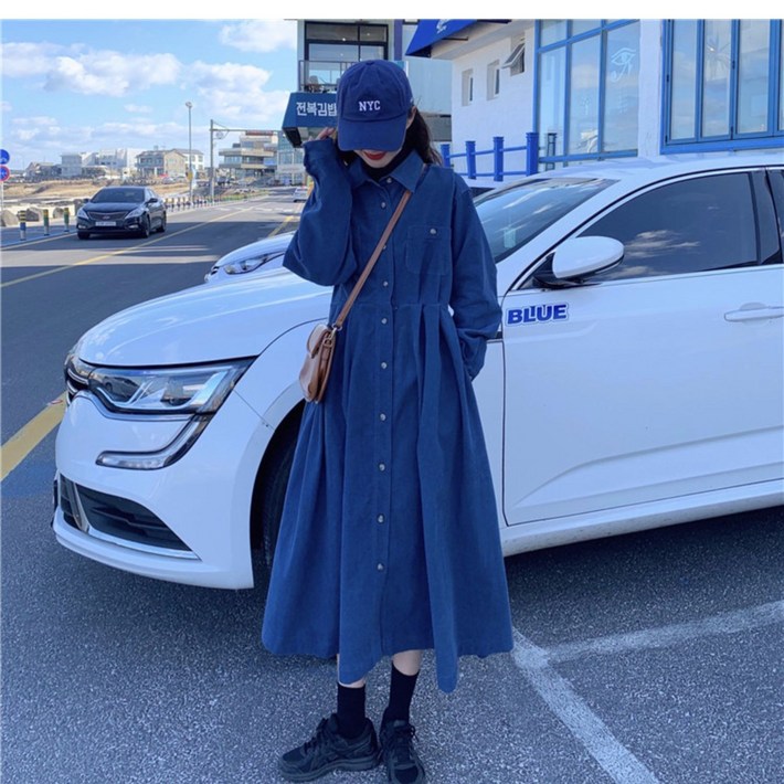 JINPEI 코듀로이 골덴 카라넥 롱 원피스 플레어 롱원피스