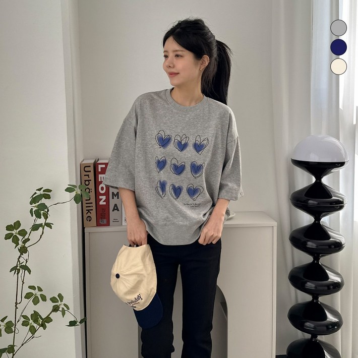 디테일웨어 여성 러브 프린팅 맨투맨 루즈핏 7부소매 티셔츠 탄탄한 고퀄리티 임부복 빅사이즈 여자티셔츠 데일리룩