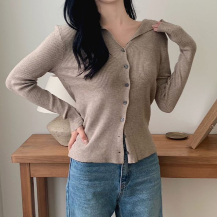 MHJINA 여성 간절기 여리한 슬림핏 브이넥 카라 골지 버튼 니트 가디건