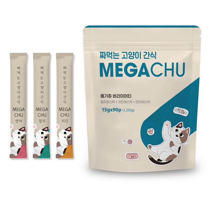 메가츄 짜먹는 고양이 간식 츄 90스틱 대용량, 2개, 연어치킨참치, 15g, 180개