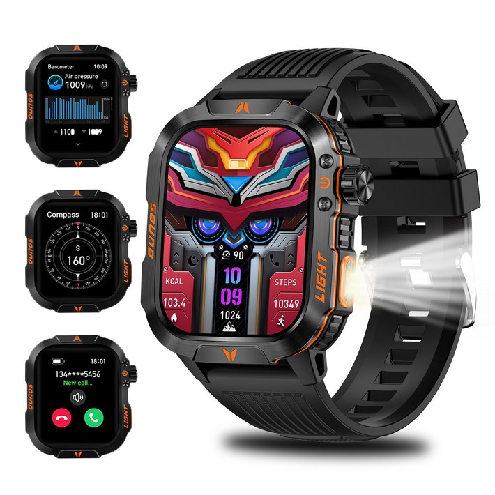 QTLLBT 스마트워치, IP68 방수, LED 손전등이 탑재된 야외 전술 시계, 내구성 있는 디자인, 블루투스 통화, 600mAh 배터리, 나침반, GPS 및 음성 지원, Black, 5.1cm, 블루투스