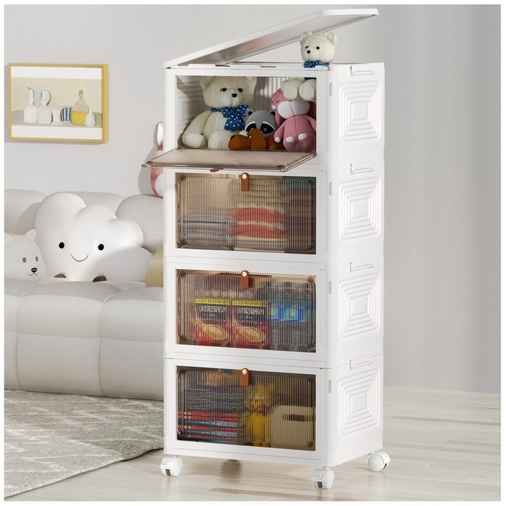 폴딩 대용량 리빙박스 수납장 대용량 수납 정리함 접이식 보관함 다용도 수납함 플라스틱 수납함 사물함 정리함 리빙박 스수납박스 대형가정용 장난감 수납장 옷정리함, 화이트, 4개