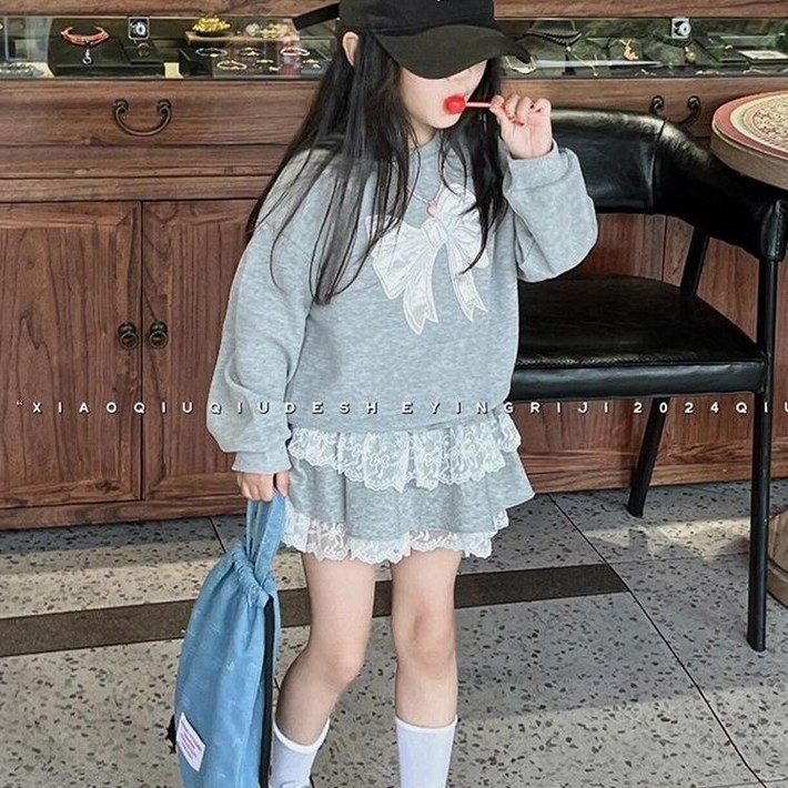 특가  블링래빗 여아용 그레이 리본 맨투맨  레이스 치마 2종세트 상하복 110140