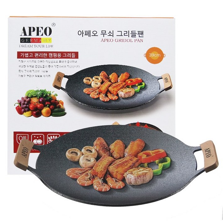 아페오 캠핑 무쇠 그리들팬 IH 인덕션 겸용 전용가방우드손잡이, 39cm, 1개