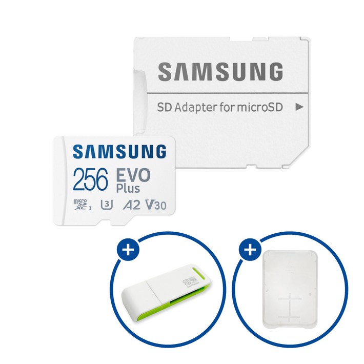 삼성전자 공식인증 정품 마이크로SD카드 EVO PLUS MB-MC256SA/KR + SD카드 케이스 및 이엘 연두 카드 리더기 USB2.0 2in1