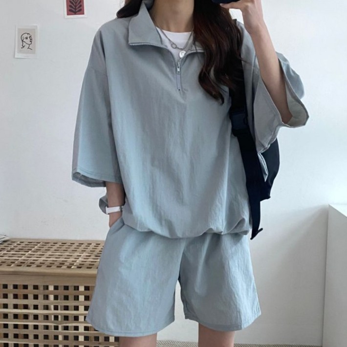 탑트레일 여성 바스락 아노락 반팔 셋업 트레이닝셋업 운동복셋업 오버핏 빅사이즈 런닝복