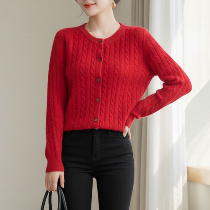 YEON HOME 여성 꽈배기 니트 라운드 가디건 데일리