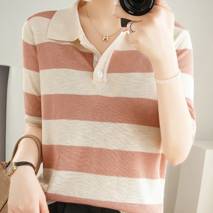 에리페 여성용 가로 스트라이프 반팔 카라넥 니트