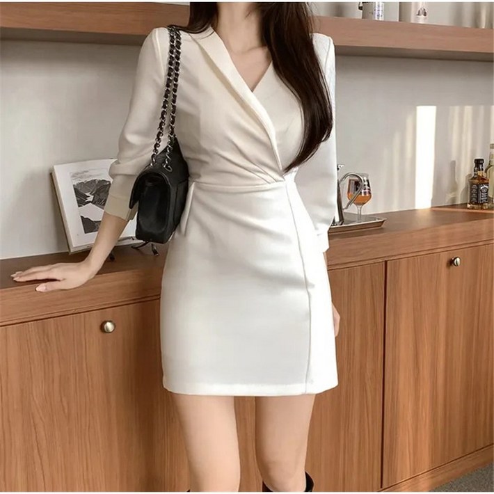 쪼예 오피스룩 브이넥 시크 슬림 긴팔 미니 원피스