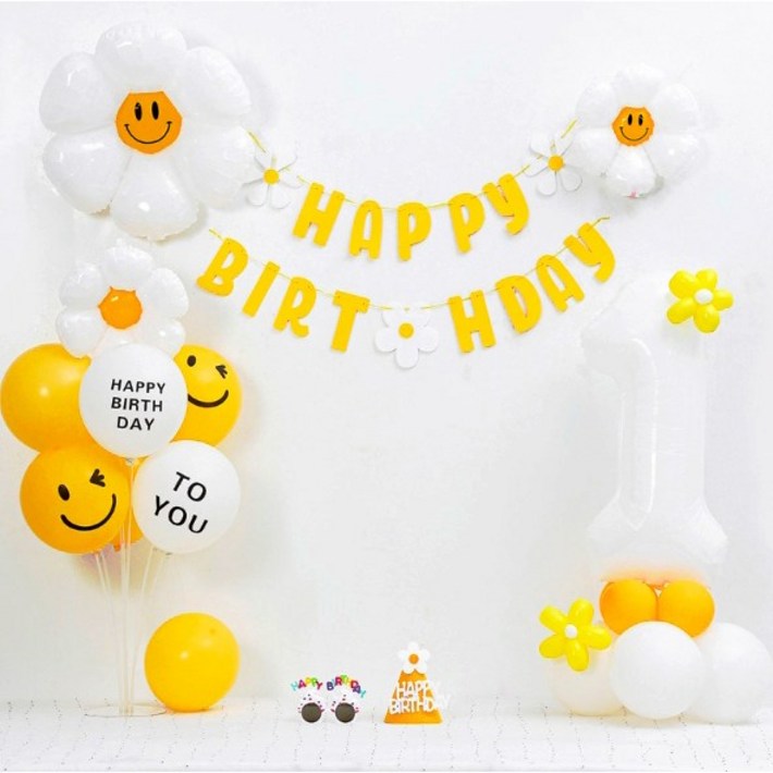 [피앤비유니티]데이지 가랜드 숫자기둥 생일풍선세트(모자,안경포함)