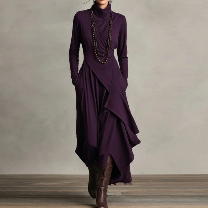 ZAJA 여성 목폴라 원피스 솔리드 긴팔 터틀넥 롱원피스