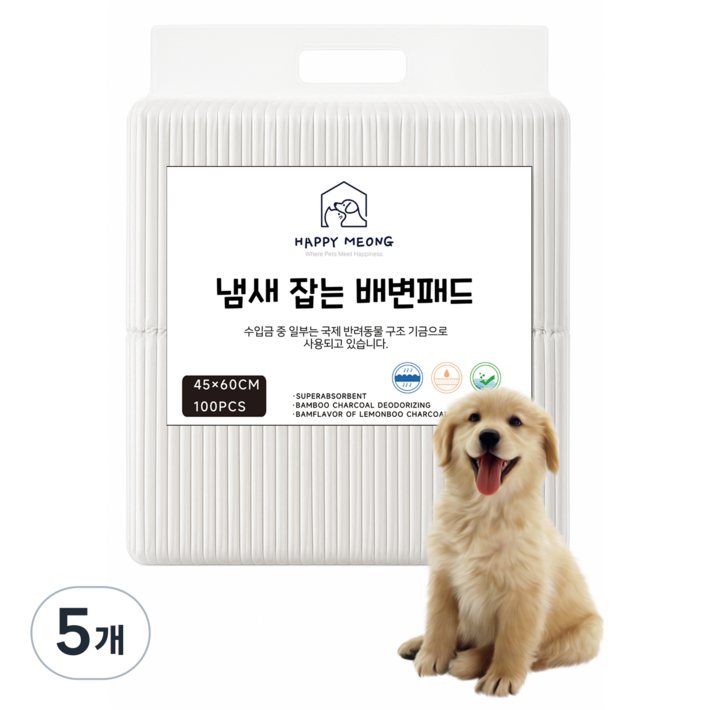 해피멍 강아지 배변패드 활성탄 레몬향 대나무숯, 100개입, 5개