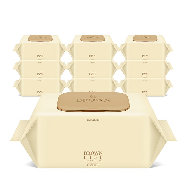 브라운 라이프 베이지 엠보싱 대용량 아기물티슈 캡형 50평량, 50g, 100매, 10팩
