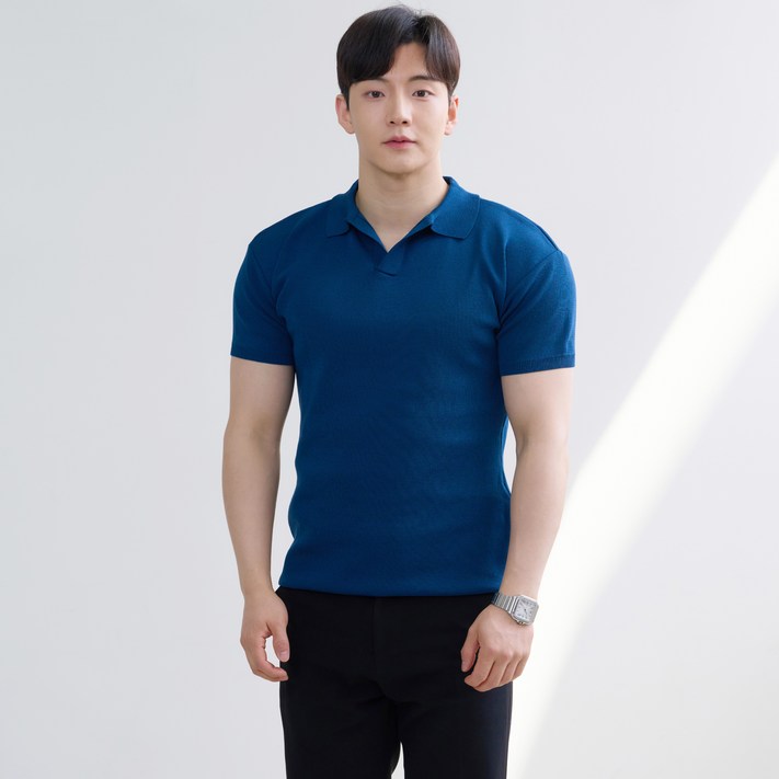 핵쿨남 남성용 아이스쿨링 머슬핏 반팔 오픈 카라 니트