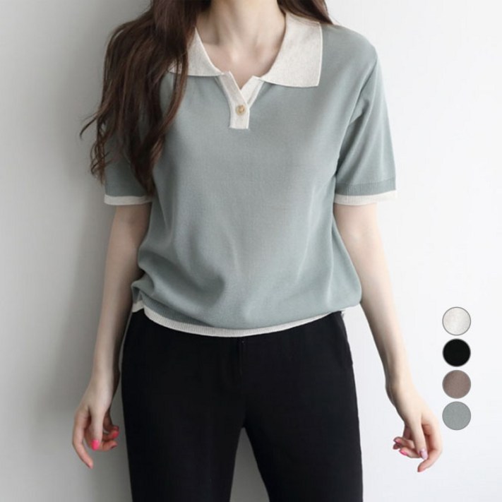 여성용 더센 배색 카라 단추 반팔 니트티 n1517