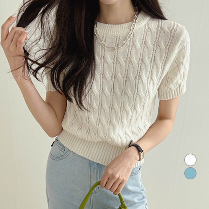 세컨그라운드 여성용 꽈배기 라운드넥 반팔 니트 세컨그라운드 여성용 꽈배기 라운드넥 반팔 니트