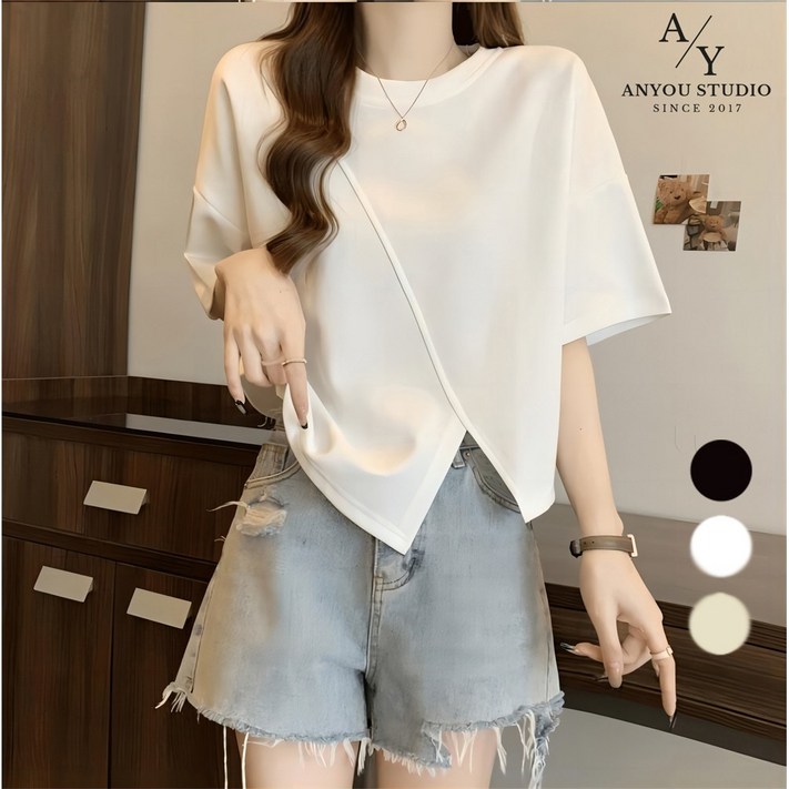 ANYOU 여성 여름 라운드넥 티셔츠 순면 반팔티 3 colors
