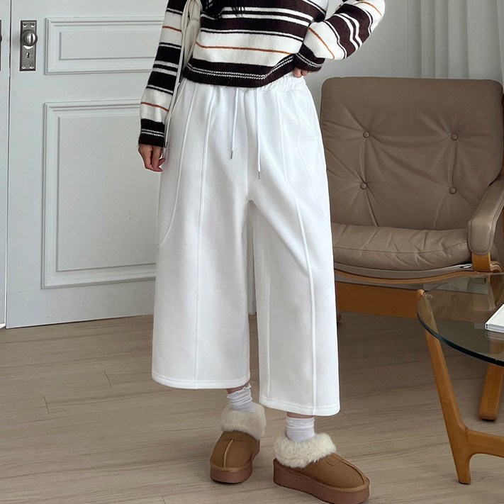 디아미뇽 하레인 기모 버뮤다 스트링 8부 와이드 밴딩 팬츠