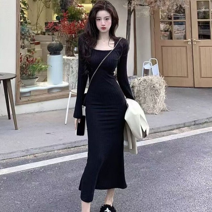 COSYEVNO 여성 니트 원피스 가을 스퀘어 칼라 허리 슬림 머메이드 롱스커트 lyjlyq1
