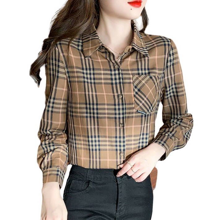 ROYALBELLE 여성 체크 긴팔 셔츠 세련된 슬림핏 포켓 이너 셔츠 상의 데일리룩V20107 ROYALBELLE 여성 체크 긴팔 셔츠 세련된 슬림핏 포켓 이너 셔츠 상의 데일리룩V20107