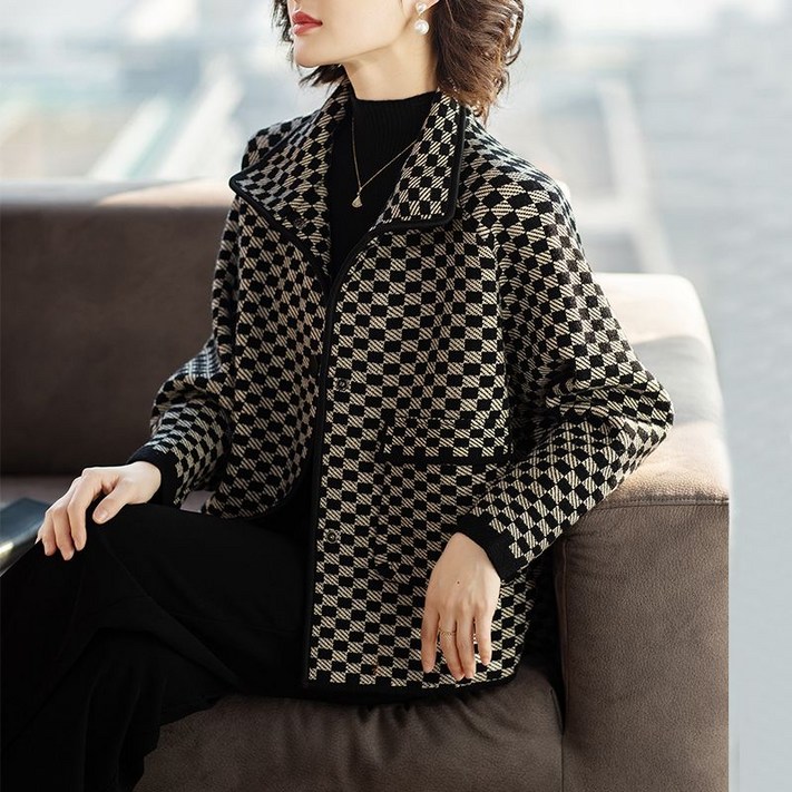 중년 여성복 자켓 빈티지 빅사이즈 터틀넥 체크 자켓 봄 가을 엄마 자켓 캐주얼 상의 YJW