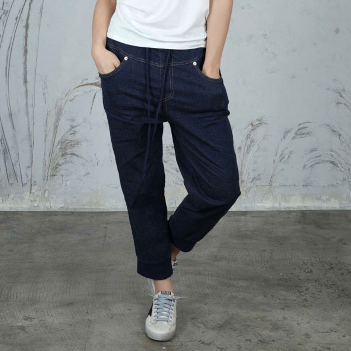 벅시루 여성 노바디진 시보리 진청 8부 여자 여름 밴딩 세미배기 스판 조거 청바지 248