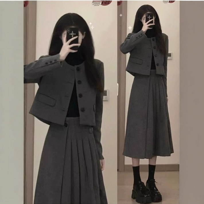 SAHINER 가을겨울 여성 데일리 크롭자켓 하이웨이스트 플리츠 미디스커트 투피스세트 LWATZ03