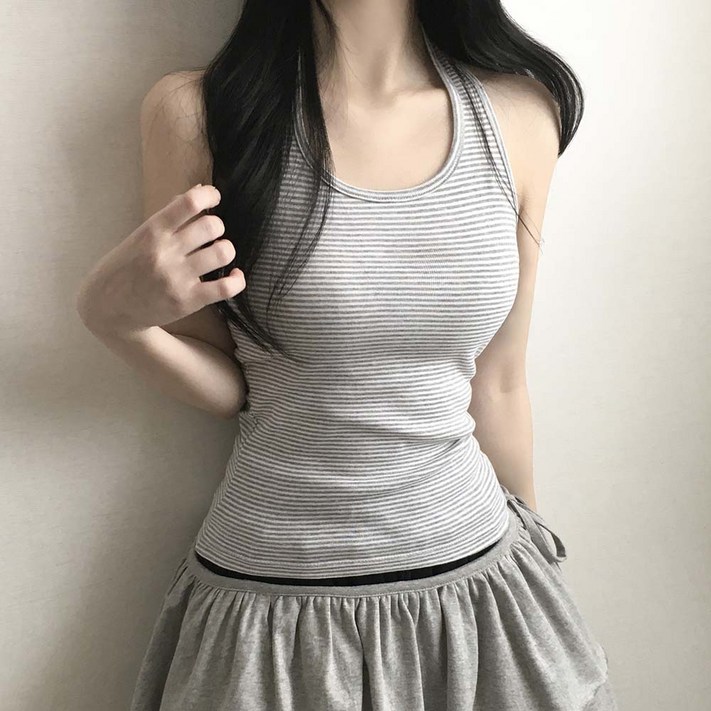 레이어드스트라이프 단가라 홀터넥 나시