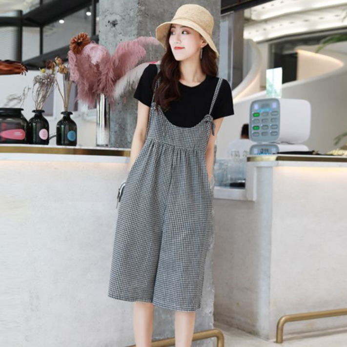 besteffie 여성 여름 체크무늬 와이드 멜빵 바지 캐주얼 하이웨이스트 단추 디자인 7부 점퍼슈트 K83