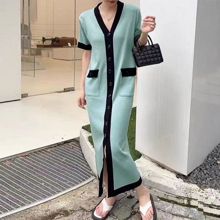 무드무드 배색 반팔 니트 버튼 롱 원피스