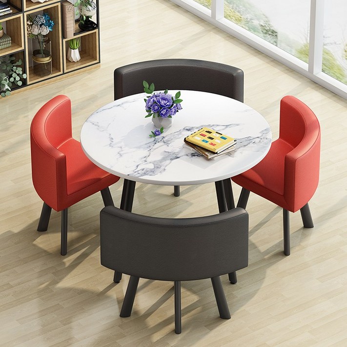 4인용 원형 올인원 테이블 의자 세트 카페 공간활용, 수박 레드 블랙 레더 원탁