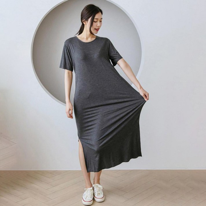 헤링본 텐셀 레이온 라운드 반팔 여름 롱 비치 원피스 HE068