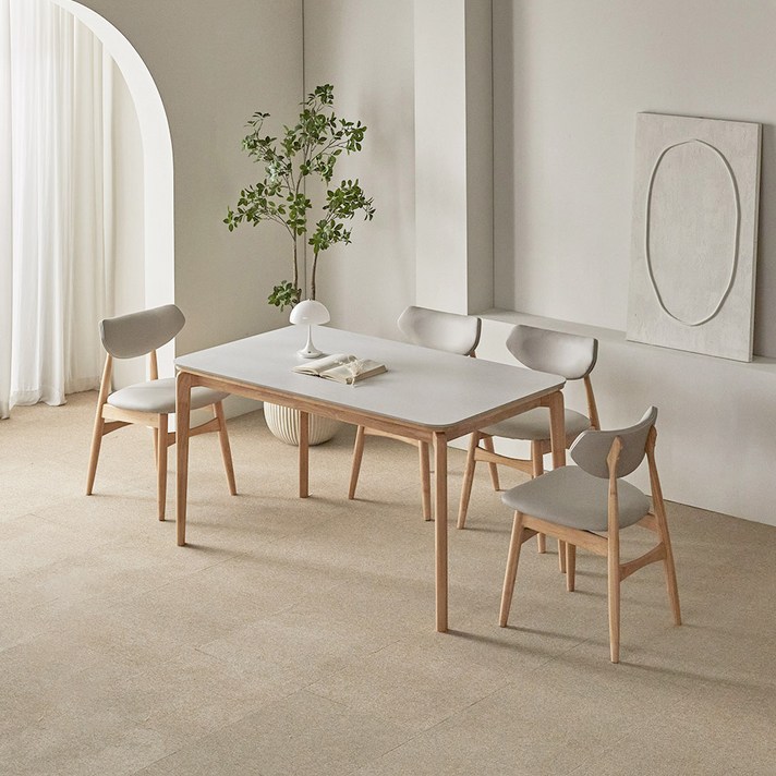 파로마 리샤르B 통세라믹 원목식탁  의자세트 4인 방문설치, 화이트상판  내추럴원목, 일반의자 4