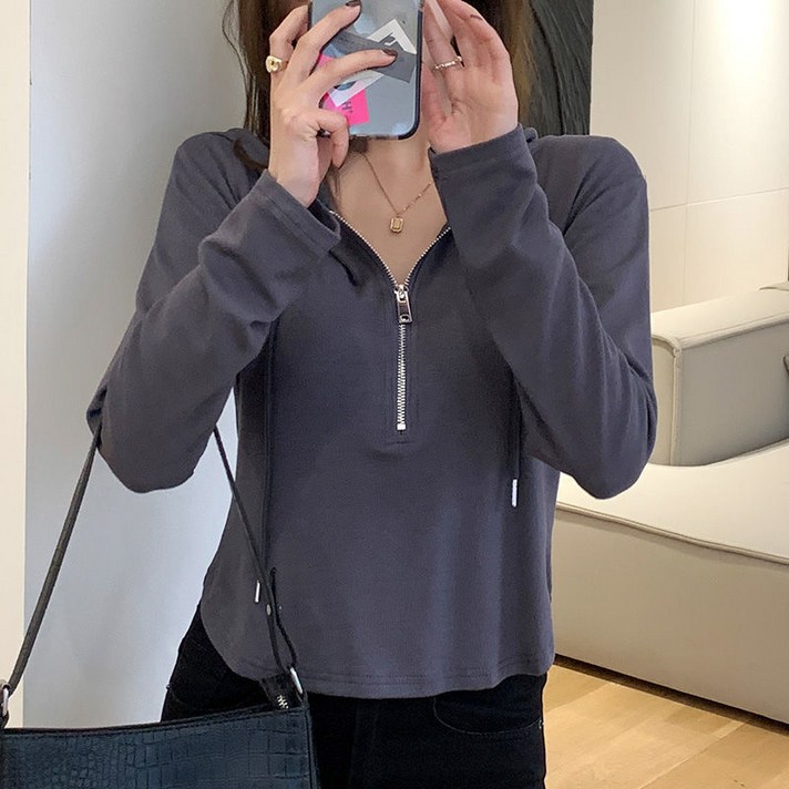 디멜디 여성용 출근코디 하프집업 후드 긴팔 티셔츠
