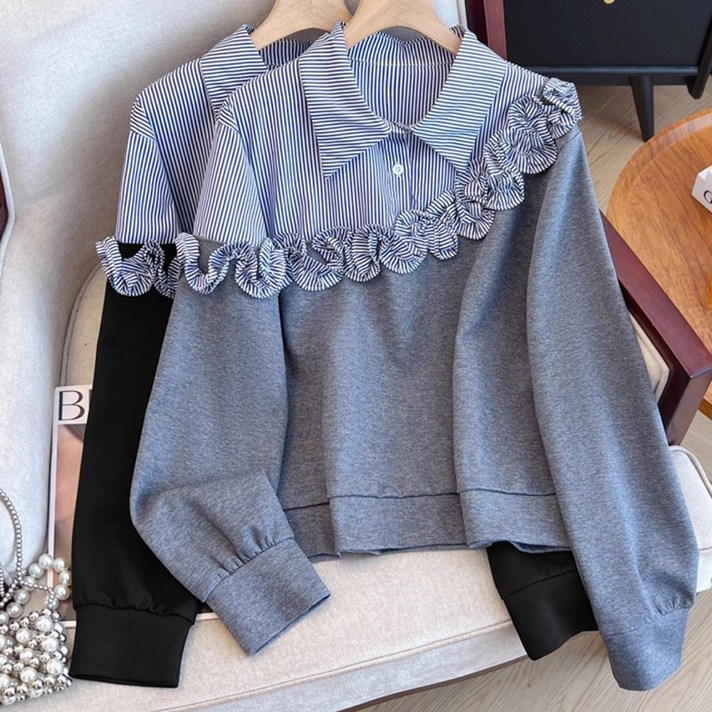 ROYALBELLE 여성 스트라이프 배색 카라넥 맨투맨 프릴 포인트 레이어드 맨투맨 F01022617