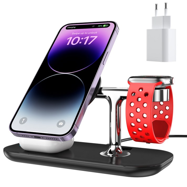 3in1 맥세이프 무선충전기 거치대 아이폰141312 애플워치 에어팟 호환 A7, 블랙, 1개