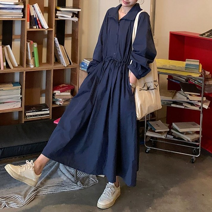 네모엔룩 여성용 웨스트스트링 코튼 래글런 허리끈 포켓 카라넥 단추 셔츠형 맥시 롱 긴팔 면 원피스 NL