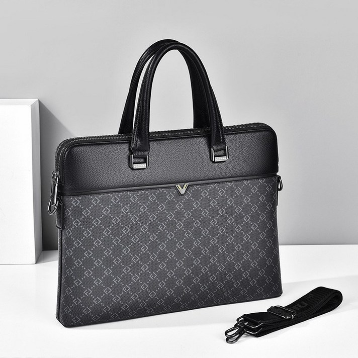 ANYOU 남성 비즈니스 서류가방 리얼 가죽 위빙 이중지퍼 노트백