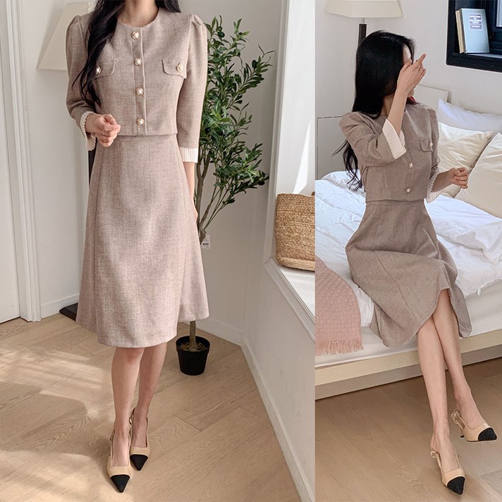 비비디아 2025 봄 가을 여성 7부 팔소매 고급원피스 A라인 원피스 하객룩 오피스룩 원피스 투피스느낌  5468