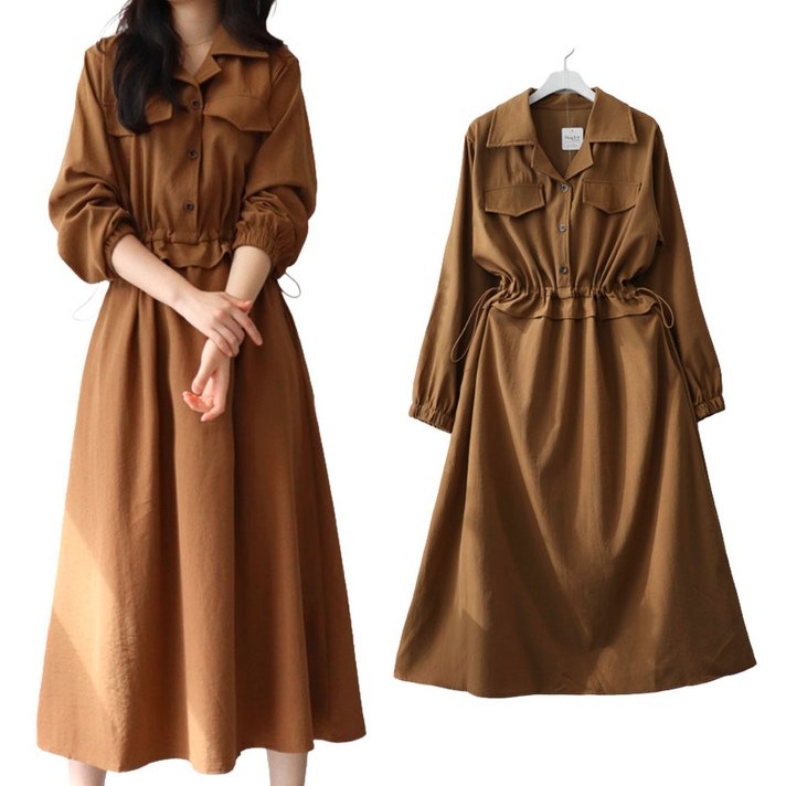 메리앤유 베이직 카라 셔츠 핏 스트링 롱 플레어 원피스