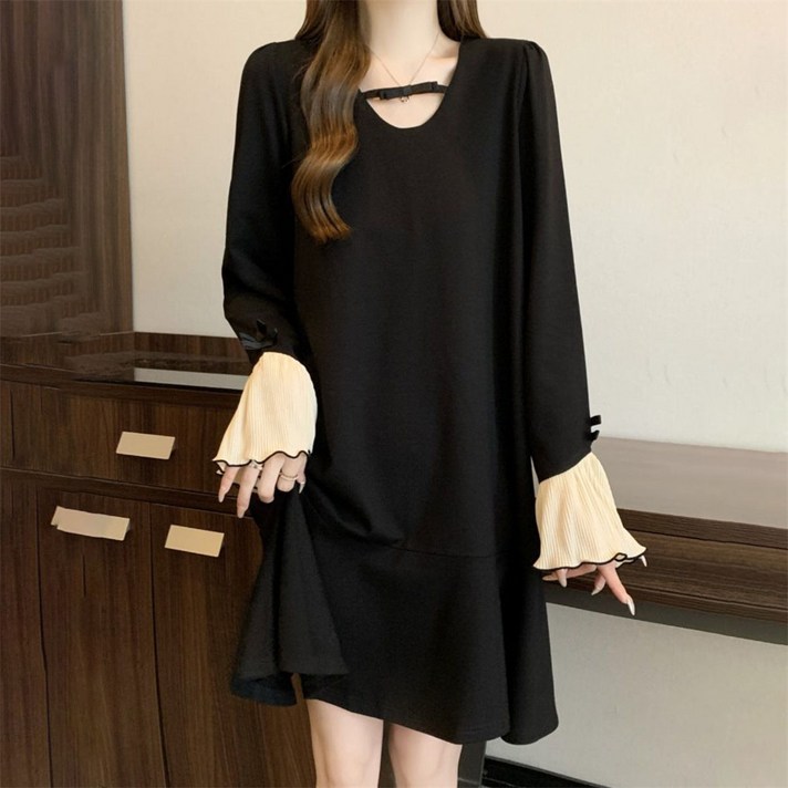 TKX 여성용 가을 봄 플레어 소매 원피스 넉넉한 핏 체형커버 빅사이즈까지