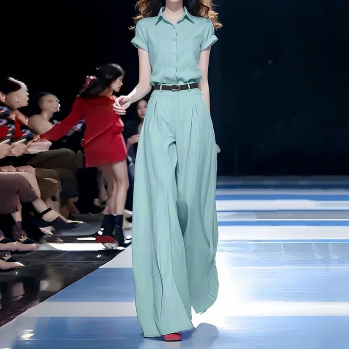 FANSYLI 여름 심플 캐주얼 통근 세트 여성 반팔 블라우스하이웨이스트 와이드 팬츠 투피스 고급 하객룩 세트 오피스룩 X2506J20